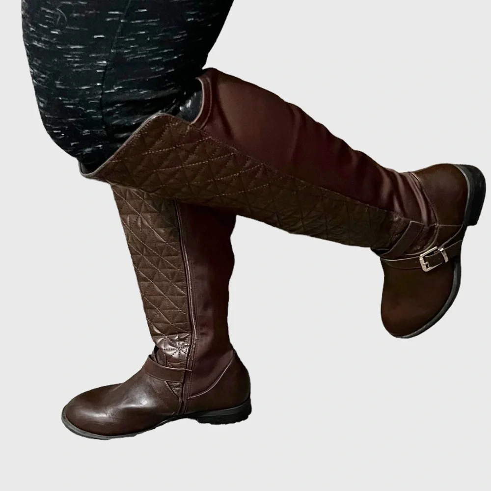 Torrid Brown Faux Leather Quilted Strappy Over Knee-High Boot Size 9W.